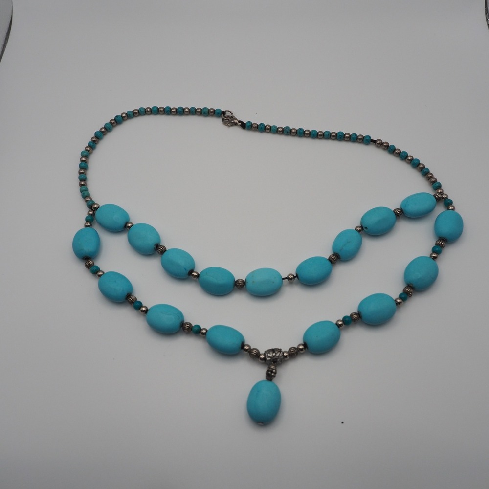 Artisan Necklace Blue Stone Bead Tiered Double Strand Silver Tone Y Drop Pendant
